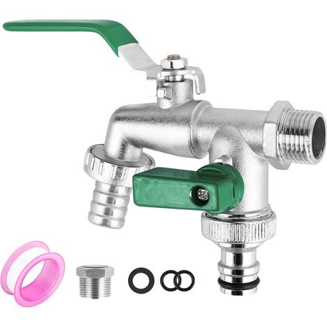 Robinet Double Sortie 1/2" 3/4" avec Adaptateur, 2 Raccords De Tuyau Et Bande D'Étanchéité, Résistant Au Gel Pour Jardin, Machine À Laver, Baril De Pluie (1/5)