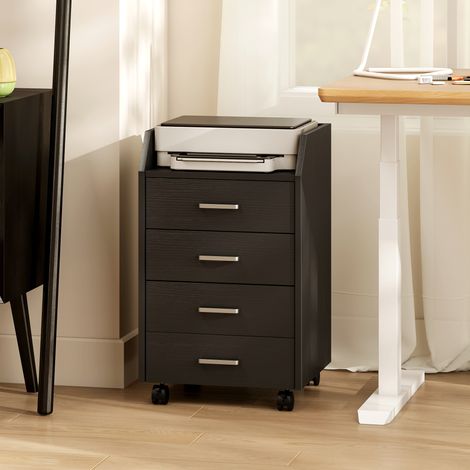 Petite commode à 4 tiroirs. Meuble vertical sur roulettes. 40 x 36 x 65 cm. Effet bois noir.