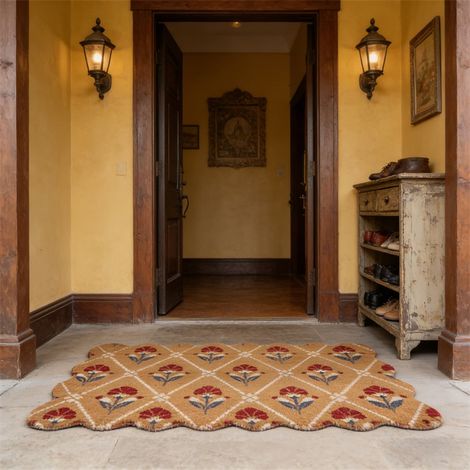 Tapis d'entrée style américain très populaire, paillasson anti-taches, tapis d'entrée rétro à motif floral et bords ondulés (1/5)