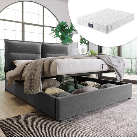 Polsterbett 140x200 cm mit Stauraum, verstellbarem Kopfteil, Matratze, Grau – MEUBLIV (1/5)