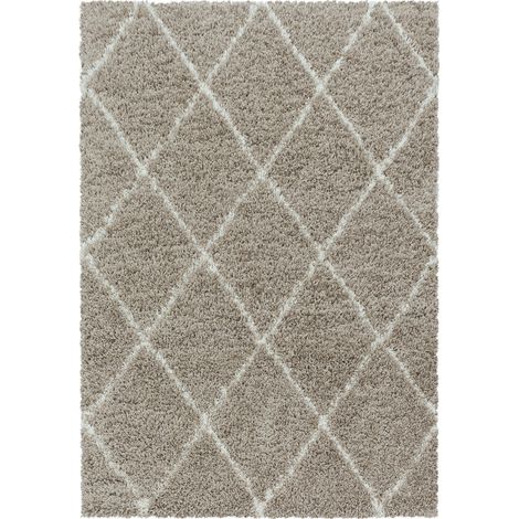 Tapis à Poils Longs Design Berbère Motif Losanges - Beige et Blanc - 120x170cm (1/5)