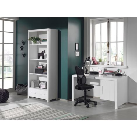 Ensemble bureau et bibliothèque pin massif laqué blanc Erik (1/5)