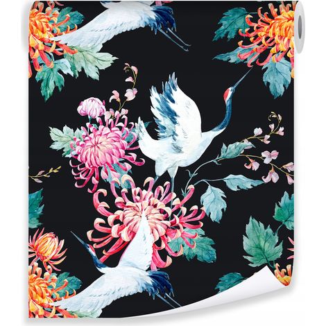 Papier peint grues oiseaux fond noir déco murale salon chambre – rouleau 0,5 x 10 m intissé Wallarena