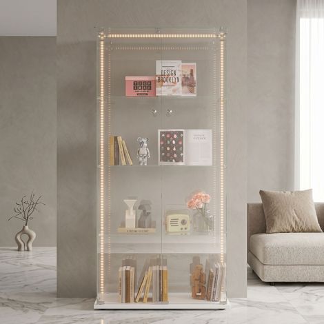 Vetrina in vetro con lampada - Vetrina moderna autoportante in vetro temperato trasparente con 4 ripiani e 2 ante - Vetrine da collezione - Bianca (1/5)
