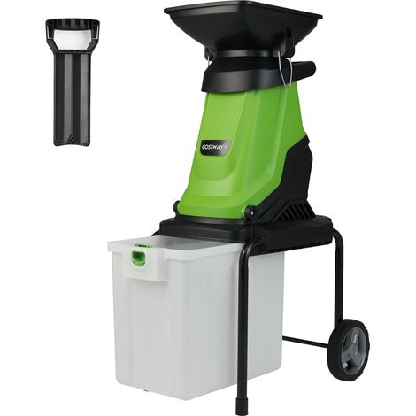 COSTWAY Broyeur de Végétaux et Branches Électrique 3000W, Broyeur de Jardin avec Bac de Ramassage de 50 L Dia. Coupe de 45 mm Trémie de Remplissage Roues, pour Nettoyage du Jardin Compostage (Vert) (1/5)