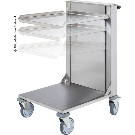 Kongamek Edelstahl- Kistenwagen 560x500x1565mm mit gefedertem Boden, Gummibereifung und Bremse