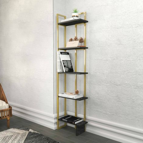 Dmora - Libreria Alnair, Scaffale da ufficio, Mobile portalibri, Biblioteca, 45x22h180 cm, Nero e Oro, con imballo rinforzato, con imballo rinforzato (1/4)