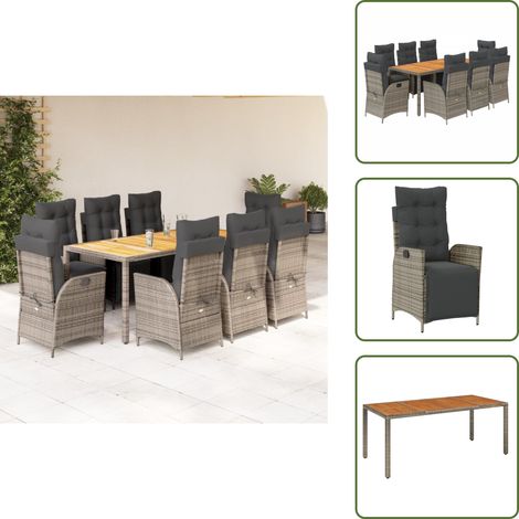The Living Store 9-tlg. Garten-Essgruppe mit Kissen Grau Poly Rattan - Gartenstuhl (1/5)