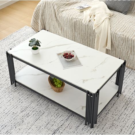 Tavolino da caffè 114 x 63,5 x 46,3 cm, doppio piano, MDF e metallo, bianco e nero DESVIAE (1/5)