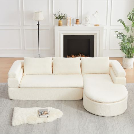 Divano angolare a L con chaise longue in ciniglia, 3 posti, avorio, 260 x 170 x 65 cm (1/5)