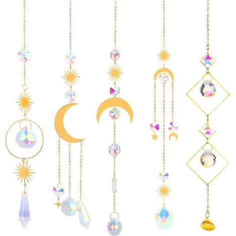 5 Pièces Attrape Soleil Cristal, Kit Attrape-Soleil, Capteur a Suspendre Suspendu Arc-en-Ciel Ange Pendentif Soleil l'étoile Lune Capteur Carillons éoliens (1/4)