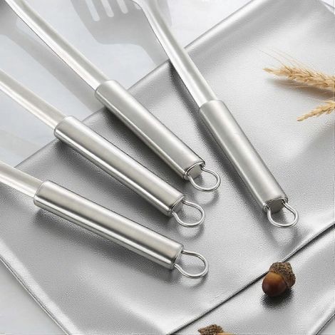 Ensemble de 4 ustensiles de cuisine en acier inoxydable : spatule à wok, spatule ajourée, louche et cuillère ajourée.