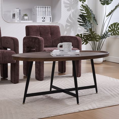 Couchtisch MDF Braun 110 cm, oval, mit schwarzem Metallgestell
