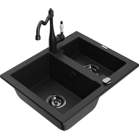 Mexen Carlos fregadero de granito de 1,5 senos con grifo de cocina Carla, negro - 6518-77-670700-70-B (1/5)
