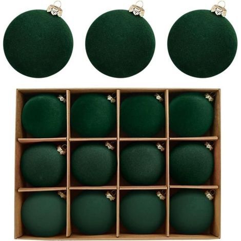Set of 12 unbreakable velvet Christmas ornaments, 6cm flocked hanging balls for tree decor (green) (1/5)
