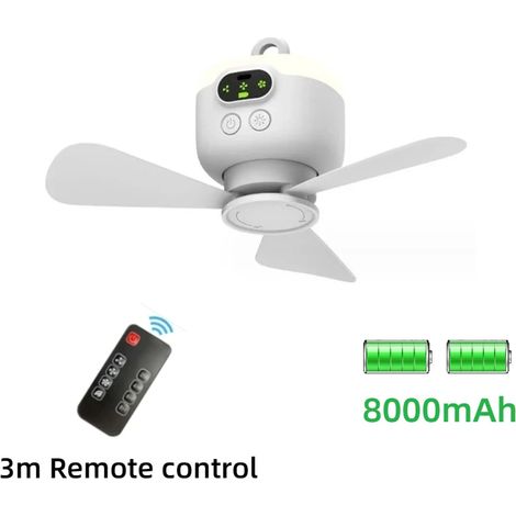 Ventilateur de plafond rechargeable avec pales détachables, comprenant une veilleuse et une télécommande, idéal pour le camping en extérieur. (1/5)
