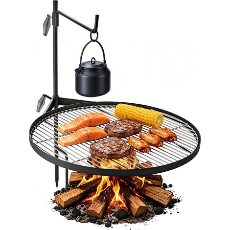VEVOR Parrilla Redonda para Hoguera 620 mm Giratoria de Acero al Carbono, Parrilla para Fogatas, Con Soporte en Forma de Z, Portátil, Soporta hasta 600°C, para Fuego Abierto, Camping, Jardín, Negro (1/5)