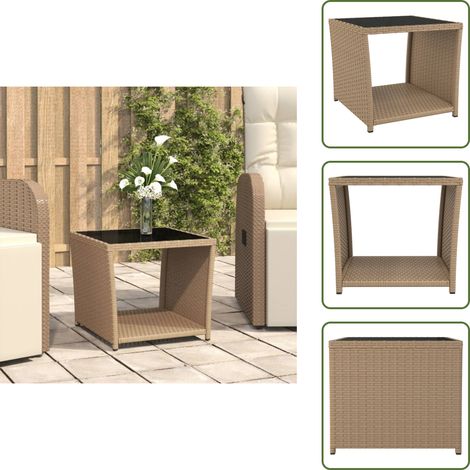 Beistelltisch mit Glasplatte Beige Poly Rattan & Hartglas - Teetisch - Gartenmöbel - Außenbereich - Balkonmöbel - Esszimmerset