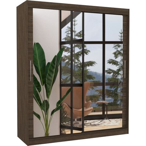 Armoire de chambre marron 2 portes coulissantes avec miroir Toraz 180cm (1/4)