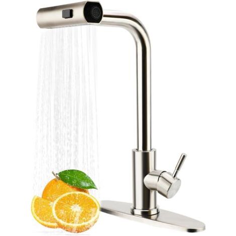 RHG Robinet de Cuisine, Mitigeur Douchette Pivotant à 360° en Acier Inoxydable, Robinet d'évier à Arc Élevé, Robinet avec Pulvérisateur Escamotable de 3 Modes 1/2 (1/5)