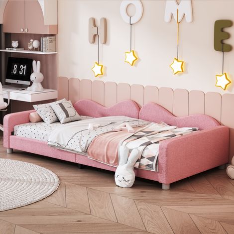 Kinderbett Polsterbett mit Teddystoff in Rosa 90x200 cm, inklusive Lattenrost, auch als Schlafsofa nutzbar