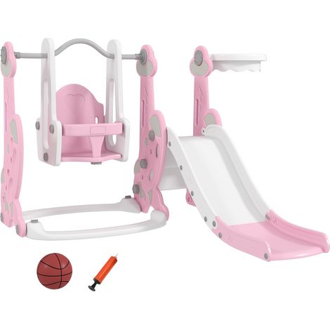 AIYAPLAY tobogán infantil 4 en 1 parque infantil con columpio y tobogán escalador aro de baloncesto temática de cohete para interior rosa y blanco (1/5)
