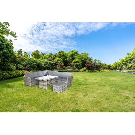 SunnySmart Lounge-Dining-Gruppe Toled Aluminium mit Kunststoffgeflecht vintage-taupe inkl. Kissen (2-Sitzer Eckmodul links, 2-Sitzer Eckmodul rechts, 1 Eckmodul, 2 Mittelmodule, 1 Hockerbank, 1 Tisch)
