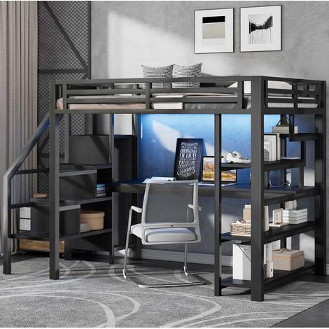 Lit adulte rangement 140x200 bureau métal LED noir HAVRYA (1/5)