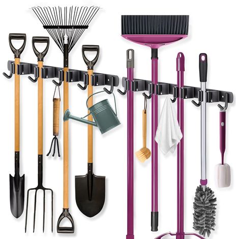 Un organisateur mural robuste en acier inoxydable pour outils de jardin, avec 4 étagères et 5 crochets. (1/5)