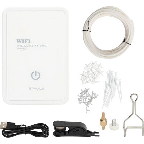 Système d'arrosage automatique WiFi 2,4 GHz - Pilotage via smartphone, 16 goutteurs ajustables, tuyau 12m, pour plantes d'intérieur et serre, complet. (1/5)