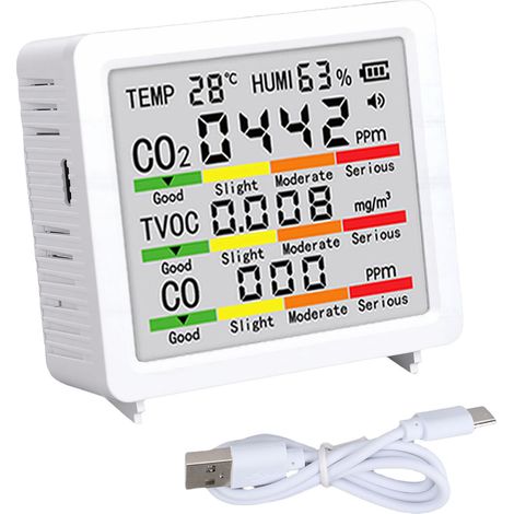 GARRYFIZH Testeur de Qualité d'Air Portable – Affichage LCD, Détection TVOC CO2 Température Humidité, pour Maison