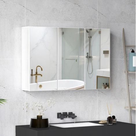 Armoire de toilette miroir 90x15.5x60 cm blanche en verre avec 3 portes, 5 étagères et fixation murale (1/5)