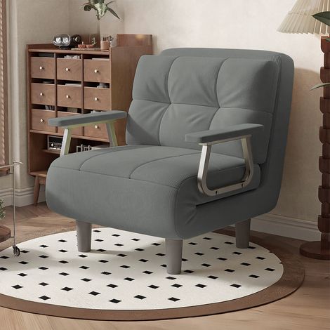 Sofá cama/sillón, convertible, 1 plaza - Alto confort, desmontable con cojín, reposabrazos y patas de metal (Gris claro) (1/5)