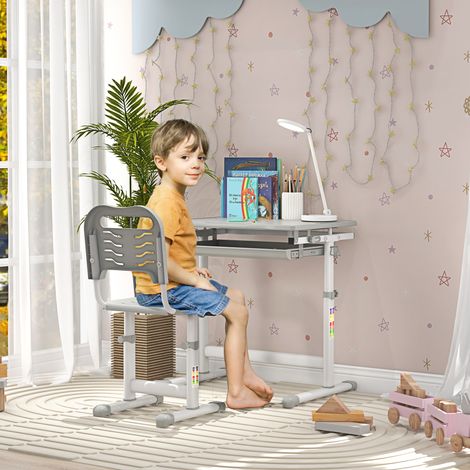 Ensemble bureau et chaise enfant, bureau réglable pour écolier, avec tiroir, porte-stylo et crochet - Gris (1/5)
