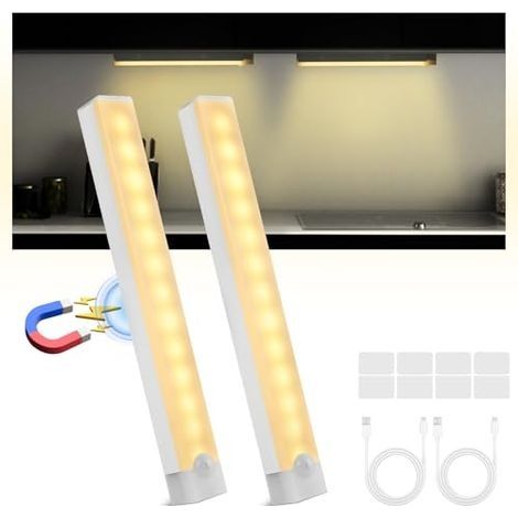 2pcs Lumiere Detecteur de Mouvement Interieur, 20cm Lampe de Placard 3 Modes Barre Lampe Placard LED Detecteur Veilleuse Lampe Sans Fil pour Cuisine Escalier Couloir Placard (1/5)
