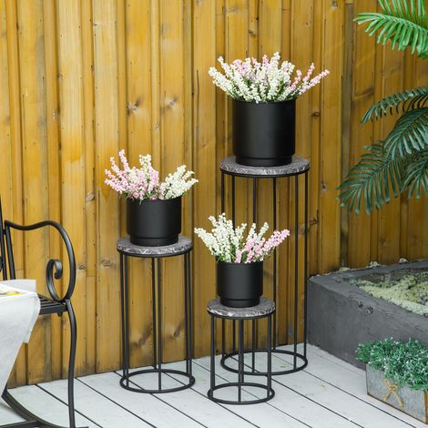 Outsunny Blumenständer 3er Set aus Metall Pflanzenständer Set in Marmoroptik Blumenhocker Blumentopfhalter Stapelbar Pflanzenhocker für Blumentopf Schwarz+Grau