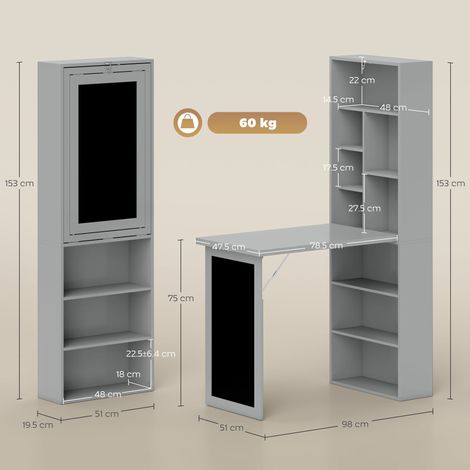 Bureau d'ordinateur pliable (avec bibliothèque à 9 tiroirs), bois et métal, 98 x 51 x 153 cm, gris (1/5)