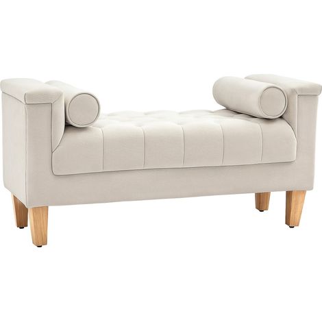 Bout de Lit avec Accoudoirs et 2 Coussins - Structure Bois, Tissu Chenille Beige - 115x44x58 cm (LxPxH) (1/5)