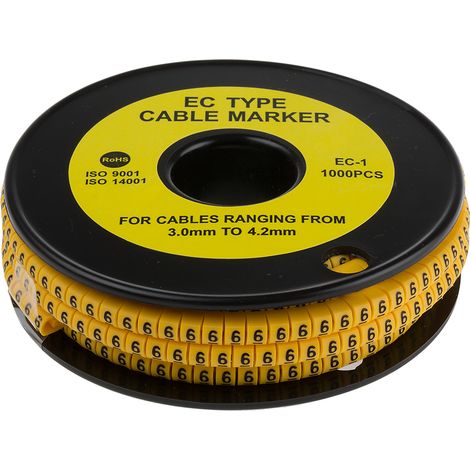 Repère câble , Ø câble 3  4.2mm, texte : 6, Noir sur Jaune ( Prix pour Bobine de 1000 )