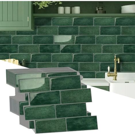 Sheets Tiles Peel and Stick Backsplash 3D Self Adhesive Wall Tile Brick for Kitchen Bathroom foncé Vert 10 (1/5)