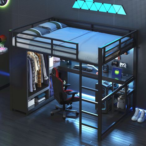 Lit mezzanine adulte 140x200 cm avec LED, lit enfant 2 places, bureau et penderie ouverte, métal noir (1/5)
