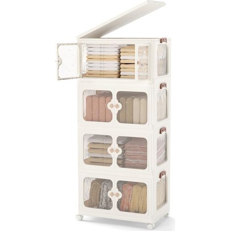 COSTWAY Boîte Rangement Plastique 212 L, 4 Caisses Pliables avec Couvercles, 4 Roulettes, Boite de Rangement Empilable pour Vêtement, Livres, Jouets, Poignée, Porte Magnétique, Montage Facile (212 L) (1/5)