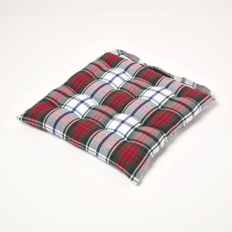 HOMESCAPES Macduff Tartan Seat Pad with Button Straps 100% Cotton 40 x 40 cm