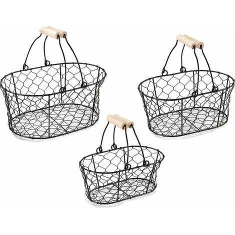 Cestini ovali in metallo nero con doppi manici in legno in set da tre pezzi, set da 2 pezzi, Grande: cm 25 x 17 x 11 H