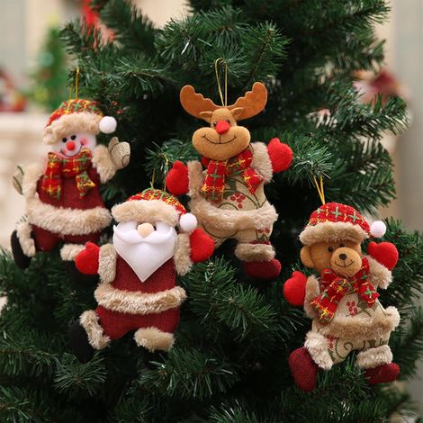 Set mit 4 entzückenden Plüsch-Weihnachtsdekorationen zum Aufhängen: Weihnachtsmann, Schneemann, Rentier, Bär, mit Schnüren zum Aufhängen der Dekorationen