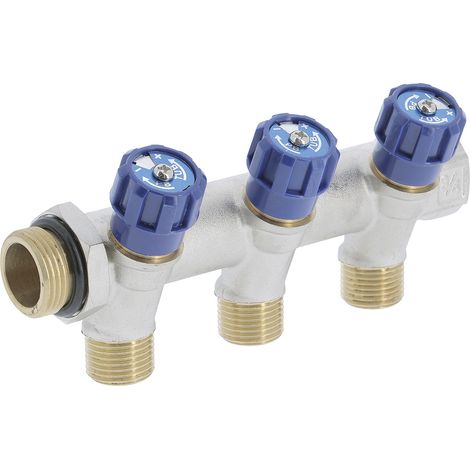 Collecteur mâle-femelle 3/4'' (20/27), 3 départs mâle 1/2'' (15/21), vanne bleue, pour sanitaire