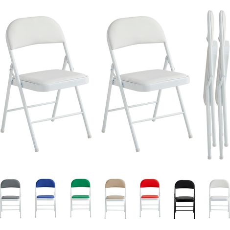 Set of 2 Faux Leather Foldable Chair with Metal Frame and Padded Seat WHITE