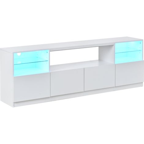 Meuble TV blanc laqué avec éclairage LED, 4 portes, 8 espaces de rangement, 180 x 35 x 60 cm (1/5)