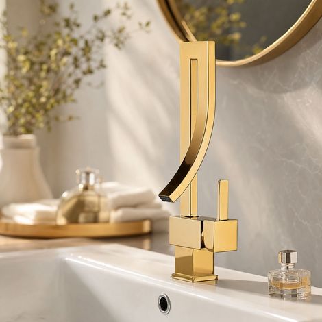 Robinet lavabo pivotant 360° en laiton massif doré, mitigeur eau chaude et froide pour vasque salle de bain, hauteur 350mm (1/5)