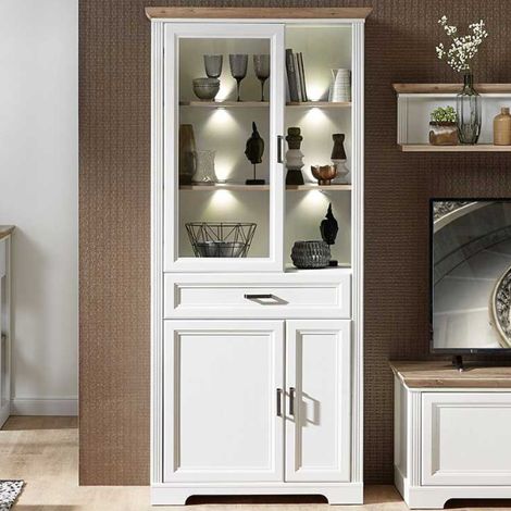 Vitrine Samine 93cm 3 portes &amp 1 tiroir - blanc/chêne (1/4)